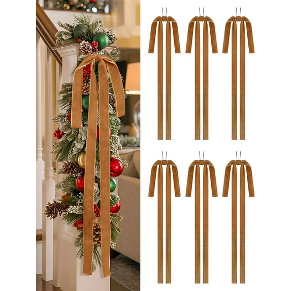 6 Pcs Large Velvet Christmas Wreath Bows, NOGIS 23.6x15.7 Inch Rustic Vintage Velvet Bows, Velvet Ribbon Gift Bows for Christmas Tree Garlands Wedding Parties Home Decor Indoor Outdoor (Brown)