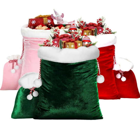 6 Pcs Large Velvet Santa Gift Bags Bulk 28 x 20 16 x 12 Luxury Xmas Gift Sacks with Drawstring Christmas Bags Wrapping for Xmas Toys Santa Present(Green&Red&Pink)