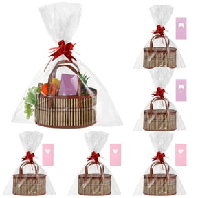 6 Pcs Large Woven Gift Baskets with Handles, Multiple Empty Present Container Kit, Includes Clear Bags, Bows, Cards for Christmas, Shower, Birthday, Housewarming, Holiday Wraps