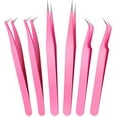 thumbnail image 1 of 6 Pcs Lash Tweezers Eyelash Extension Tweezers, Stainless Steel Straight Tip Tweezers Curved Tip Tweezers Individual Volume Eyelash Tweezers Isolation Tweezers False Lash Application Tools (Pink), 1 of 5