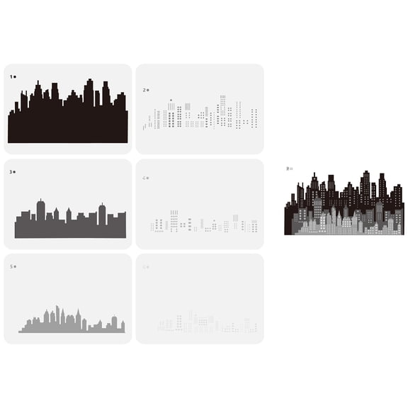 6 Pcs Layered City Skyline Stencil - 11.7x8.3inch Reusable Buildings Pattern Template Wood Wall Fabric Furniture