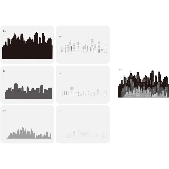 6 Pcs Layered City Skyline Stencil - 11.7x8.3inch Reusable Buildings Pattern Template for Wood Wall Fabric Furniture