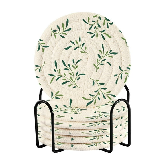 6 Pcs Leaf Green Drink Coasters with Holder Absorbent Coaster Sets Cup Heat-Resistant Hot Pads Mats for Bar Table Protection
