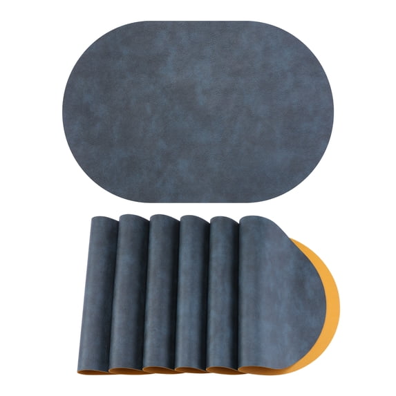 6 Pcs Leather Oval Placemats for Kitchen Dining Table Decor Heat Resistant Table Placemats Wipeable Table Mat Blue/Yellow 17.3x11.8inch