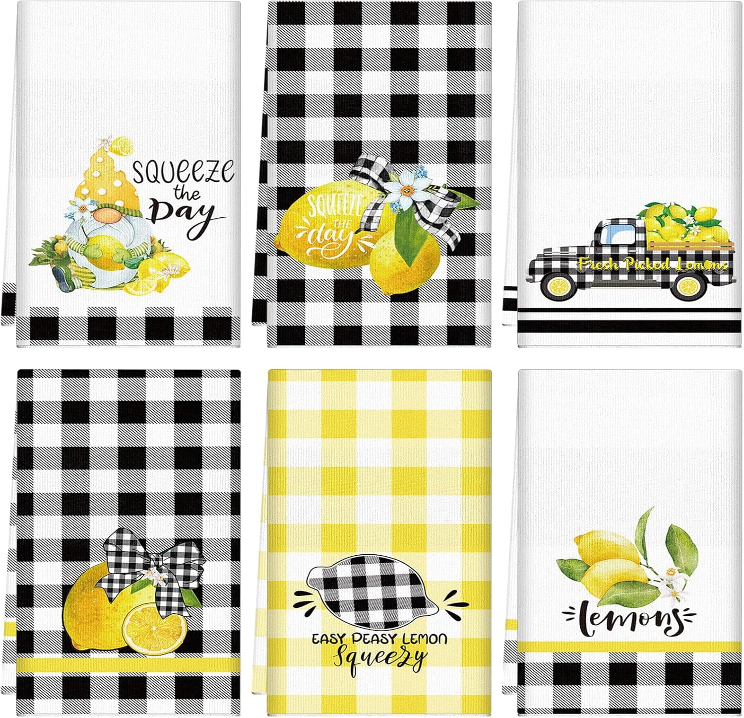 6 Pcs Lemon Kitchen Towels Lemonade Summer Tea Towels Yellow Black Buffalo Plaid Farmhouse Absorbent Dishcloths for Cleaning Drying Cooking Baking