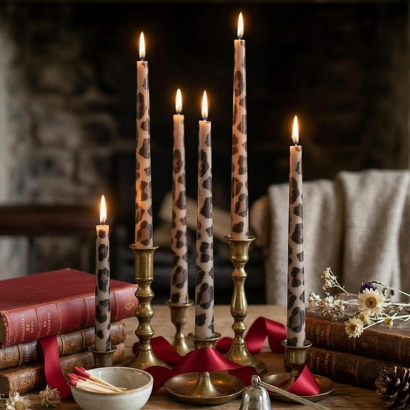 6 Pcs Leopard Long Taper Candles 10 Inch Cheetah Print Candles for Cheetah Cherry Happy Birthday Theme Party Dinner Table Home Bathroom Birthday Decor