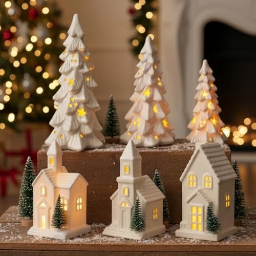 6 Pcs Light Up Ceramic Christmas Trees and Village Sets Ceramic White Christmas Trees with LED Lights Glitter Snow Porcelain Village Houses for Xmas Party Winter Holiday Table Decorations