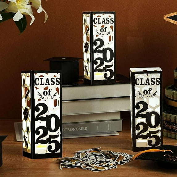 6 Pcs Light Up Graduation Centerpieces- Class of 2025 Graduation Decorations Lantern Boxes with LED Light for College High School Congrats Graduation Party Supplies(Blue)