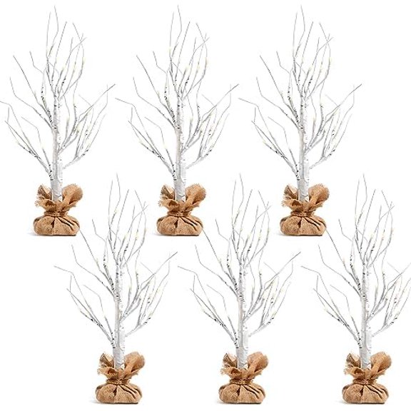 6 Pcs Lighted Birch Tree 24''H Christmas Tabletop Tree Decoration LED White Birch Tree with Burlap Artificial Trees for Home Living Room Mantel Wedding Bedroom Decor$$Home Decor, Kitchen, & Other