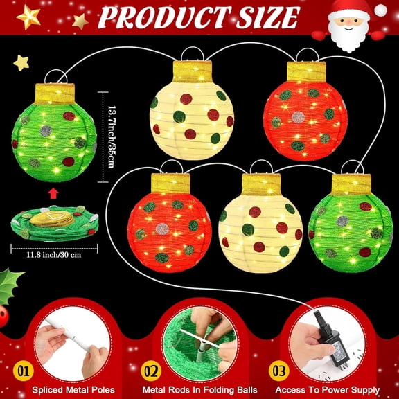 6 Pcs Lighted Christmas Ornament Ball Giant 11.8'' Red White Green Large Hanging Sphere Bulbs with LED Lights Xmas Foldable Decoration Light for Holiday Indoor Outdoor Yard Tree Decor