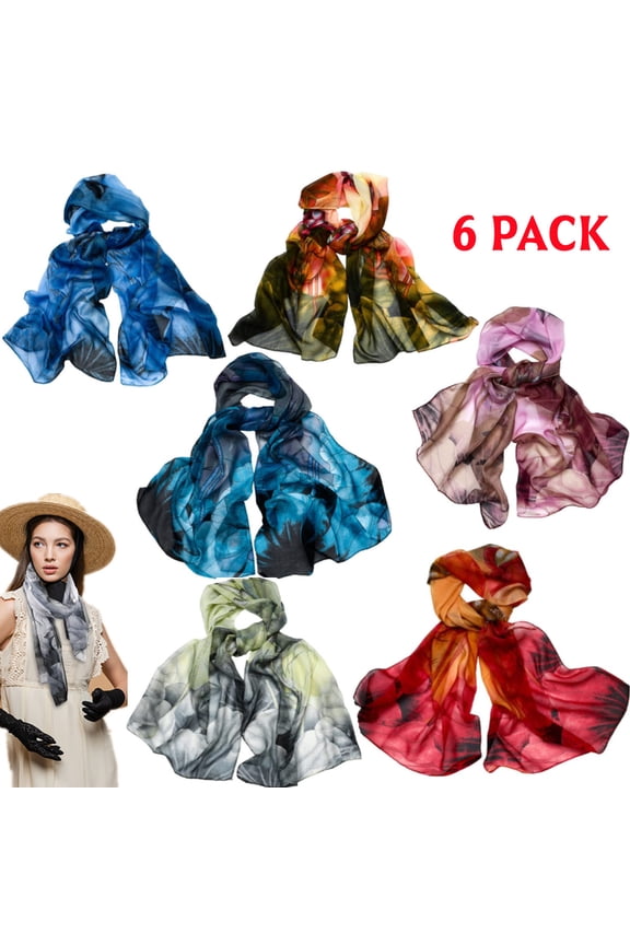 6 Pcs Lightweight Summer Scarfs for Women Ultra Thin Scarves Floral Pattern Dressy Scarf Long Chiffon Georgette Thin Shawl Scarves Head Neck Hair Wrap Women Holiday Gifts