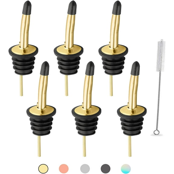 6 Pcs Liquor Pour Spouts Set, Stainless Steel Liquor Bottle Pourers with Rubber Dust Caps, for Pours Liquid, Olive Oil, Wine, Vinegar (Gold)