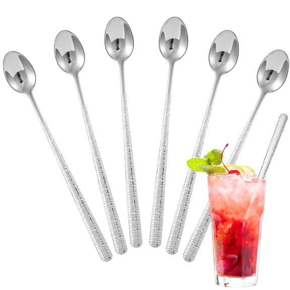 6 Pcs Long Handle Spoons, 8.7 in Stainless Steel Iced Tea Spoons Set, Cocktail Stirrers with Elegant Hammered Design, Ideal for Mixing Drinks, Desserts, Ice Cream, Dishwasher Safe