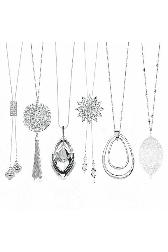 6 Pcs Long Pendant Necklace Set for Women - Fashion Chain Layering Chains with Flower, Tassel & Leaf Charms (Silver Tone)