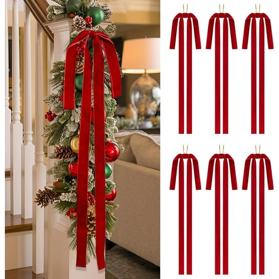 6 Pcs Long Velvet Bows Christmas Ornaments 23.5x15.5 Inch Vintage Large Velvet Christmas Swag Staircase Wreath Tree Topper Bows Large Bow for Outdoor