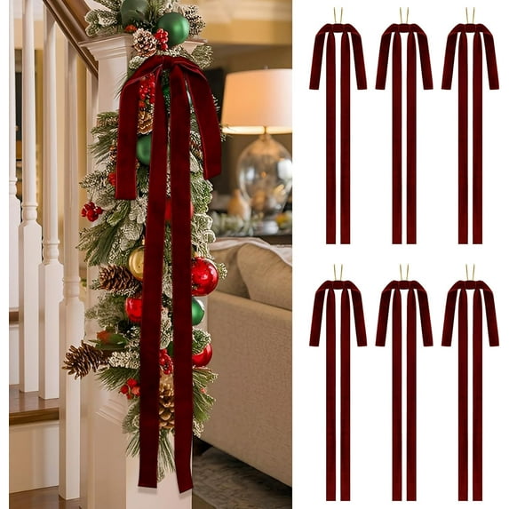 6 Pcs Long Velvet Bows Christmas Ornaments 23.5x15.5 Inch Vintage Large Velvet Christmas Swag Staircase Wreath Tree Topper Bows Large Bow for Outdoor