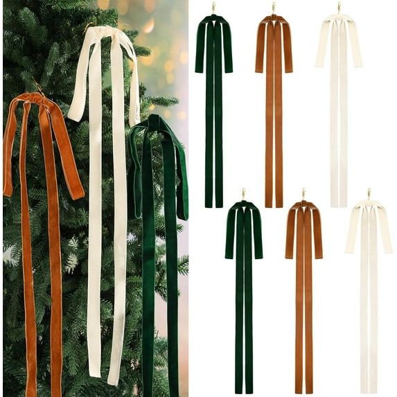 6 Pcs Long Velvet Bows Christmas Ornaments 23.5x15.5 Inch Vintage Large Velvet Christmas Swag Staircase Wreath Tree Topper Bows Large Bow for Outdoor
