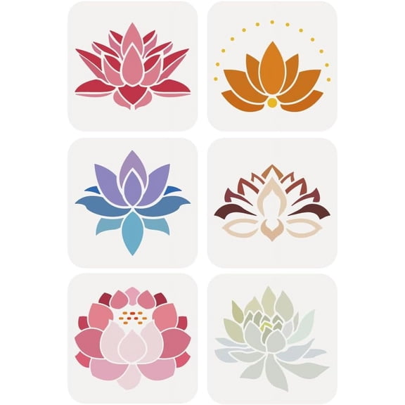 6 Pcs Lotus Flower Painting Stencil 5.9x5.9inch PET Lotus Symbols Spraying Stencil Reusable Lotus Flower Throne Pattern Wall Stencil Creative Hollow Out Template for DIY Making