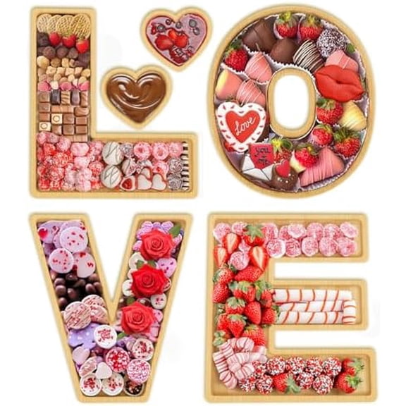 6 Pcs Love Charcuterie Board Letters with Dipping Saucers, Wooden Food Trays for Cheese Fruit Vegetable Platters, Bamboo Plates for Valentine's Day Wedding Anniversary Family Party Decorations