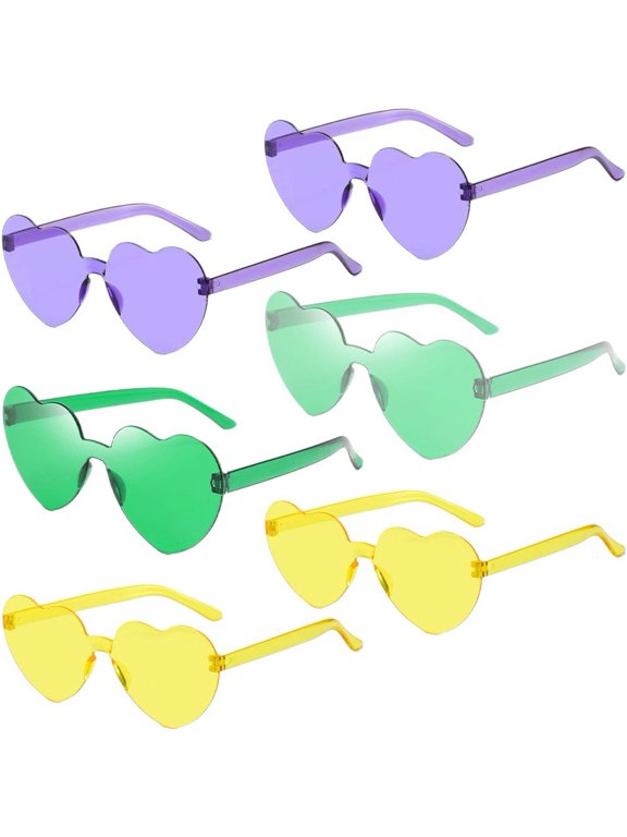 6 Pcs Love Heart Shaped Sunglasses, Vintage 90s Color Transparent Rimless Sunglasses Women for Mardi Gras Summer Party Beach