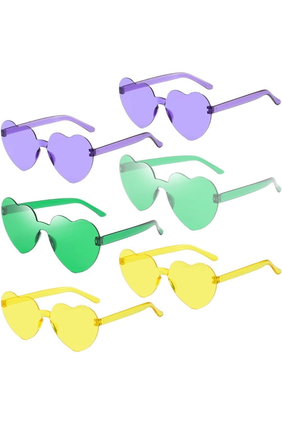 6 Pcs Love Heart Shaped Sunglasses, Vintage 90s Color Transparent Rimless Sunglasses Women for Mardi Gras Summer Party Beach