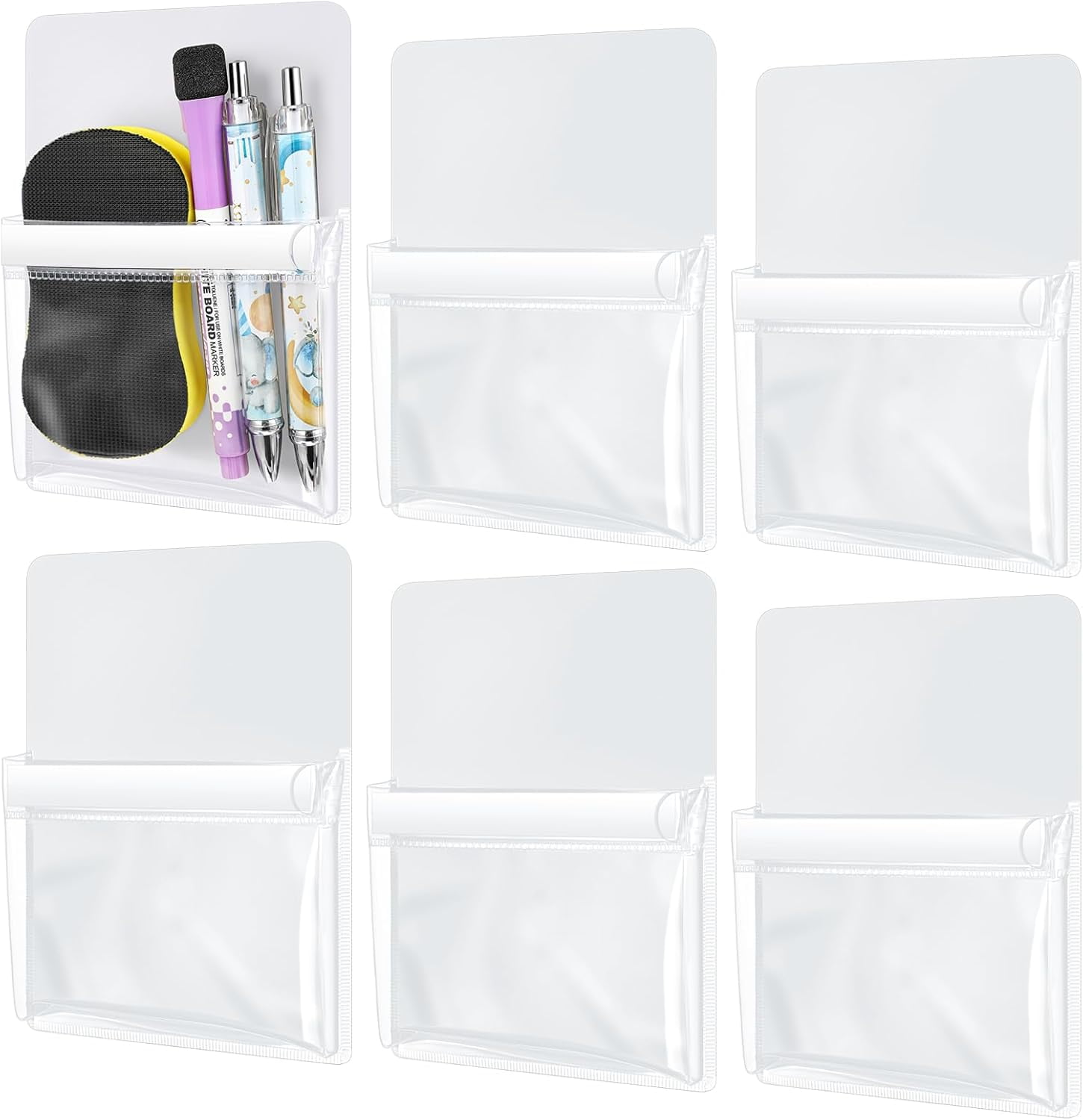 6 Pcs Magnetic Pen Marker Holders, Magnetic Pocket Pouch 4.7 x 6.5 Clear File Holder for Fridge Whiteboard Locker, Magnet Pen Dry Erase Marker Storage Organizer Accessories(White)