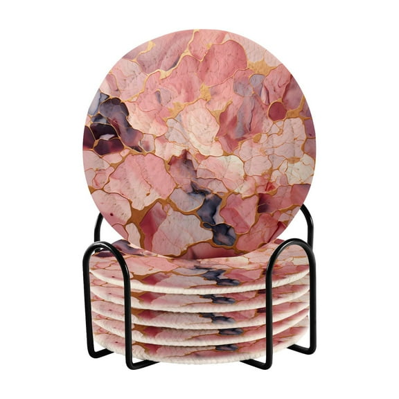 6 Pcs Marble Pink Drink Coasters with Holder Absorbent Coaster Sets Cup Heat-Resistant Hot Pads Mats for Bar Table Protection