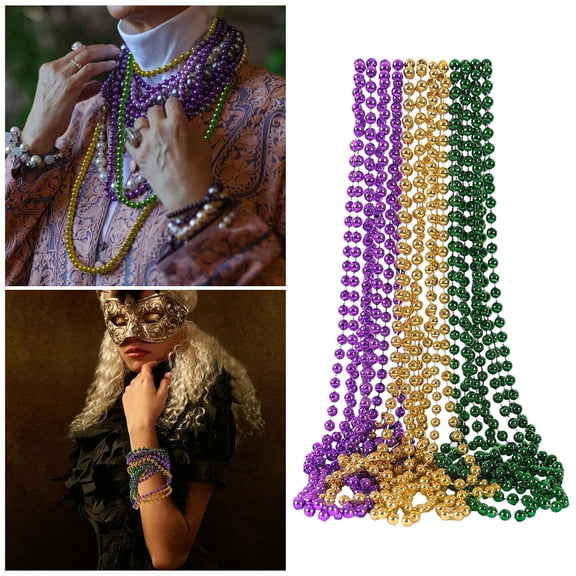 6 Pcs Mardi Gras Bead Necklaces, Purple Green Gold Carnival Beaded Necklaces, Reusable Party Favor Accessories for Mardi Gras, Masquerade & Holiday Decorations