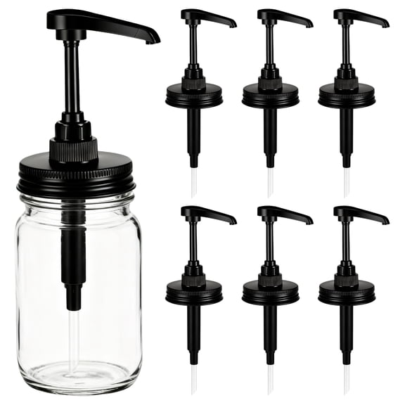 6 Pcs Mason Jar Pump Lid Set, 70 mm Regular Mouth Coffee Syrup Dispenser Pump Lids, Plastic Honey Pump for Mason Jars, Food Dispenser Replacement with Lids, Black