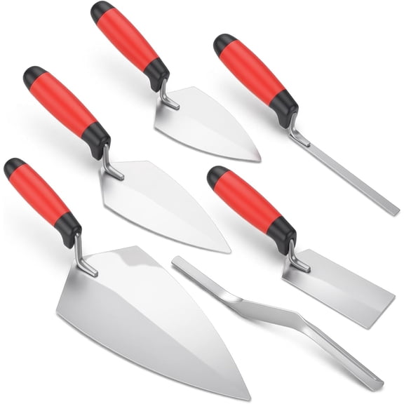 6 Pcs Masonry Hand Tools Set Includes 11" Brick Trowel, 2 Pointing Trowels, 5" Margin Tool, 11.5" Tuck Pointing Tool, and 5/8" x 1/2" Convex Brick Jointer