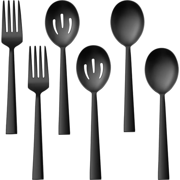 6 Pcs Matte Black Serving Utensils Set Stainless Steel 8.7 Inch Hostess Slotted Spoons Forks Party Buffet