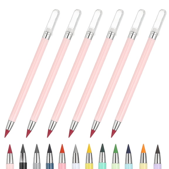 6 Pcs Mechanical Sharpened Forever Pencils Set, Marker Pink