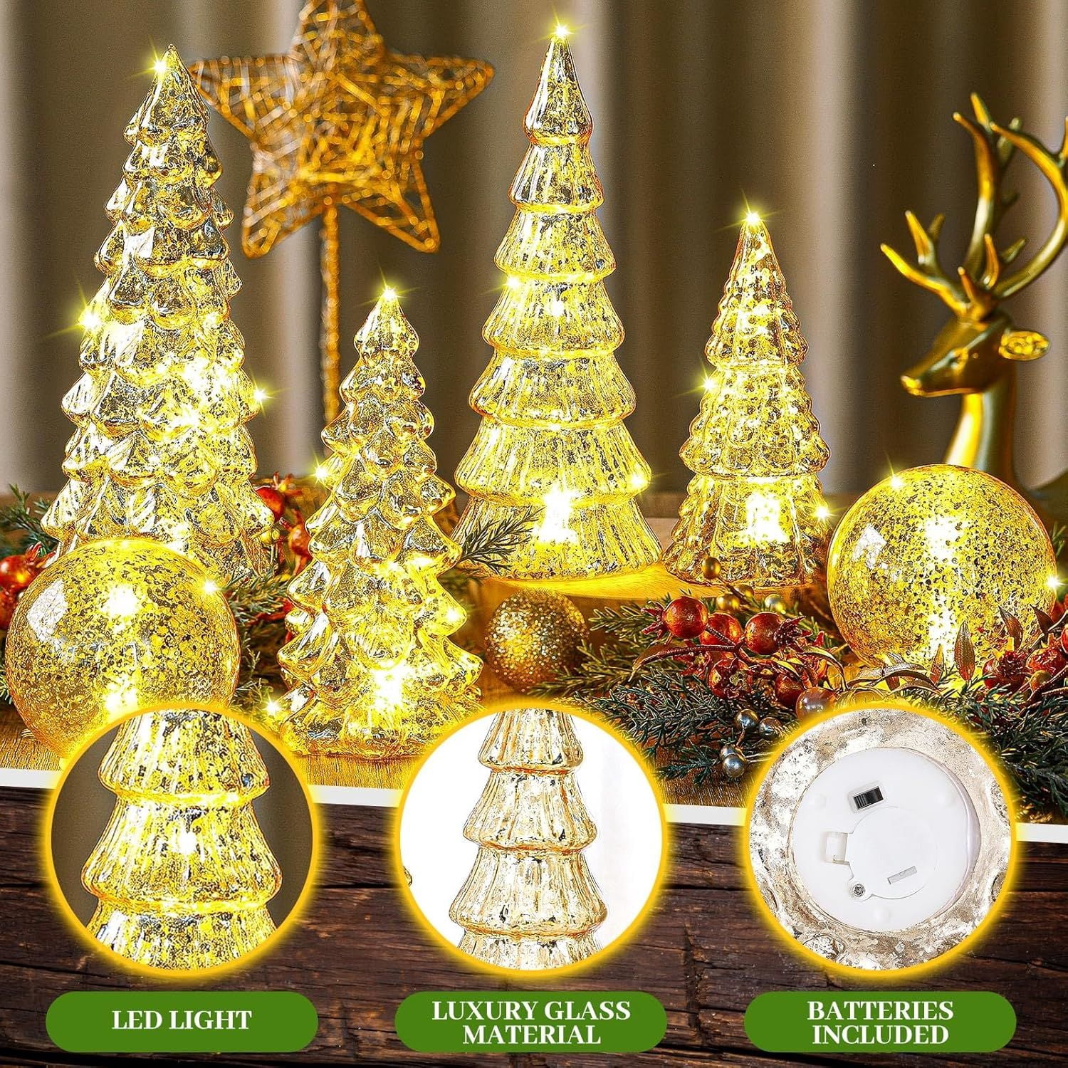 6 Pcs Mercury Glass Christmas Tree for Tabletop Light up Figurine Christmas Tree Mercury Cracked Glass Globe with Light for Xmas Decor Home Party Centerpiece Mantel Gift
