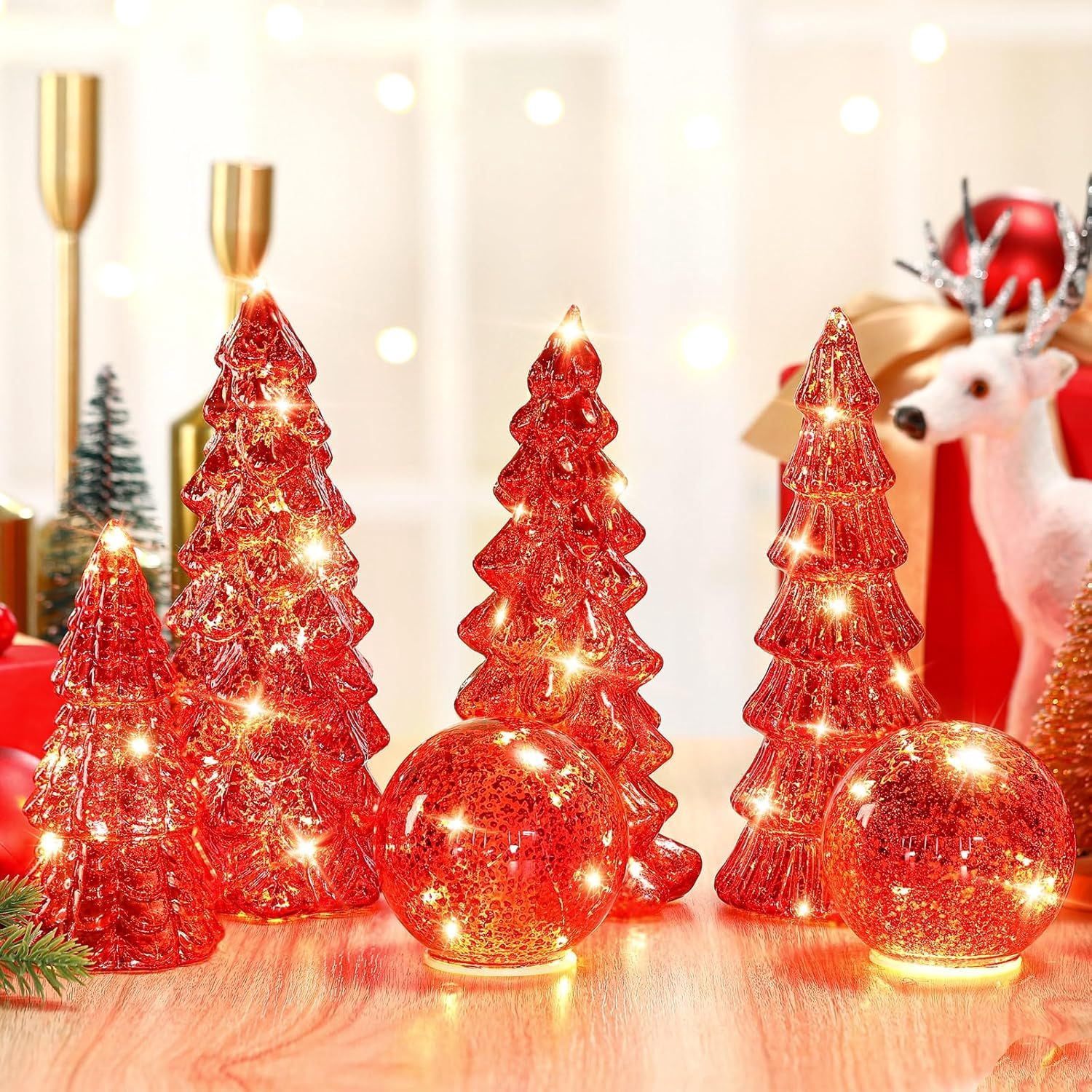 6 Pcs Mercury Glass Christmas Tree for Tabletop Light up Figurine Christmas Tree Mercury Cracked Glass Globe with Light for Xmas Decor Home Party Centerpiece Mantel Gift