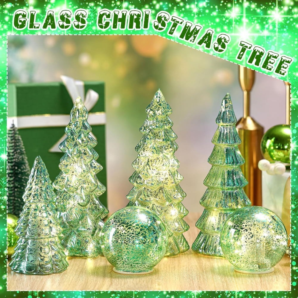 6 Pcs Mercury Glass Christmas Tree for Tabletop Light up Figurine Christmas Tree Mercury Cracked Glass Globe with Light for Xmas Decor Home Party Centerpiece Mantel Gift