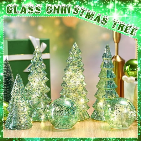 6 Pcs Mercury Glass Christmas Tree for Tabletop Light up Figurine Christmas Tree Mercury Cracked Glass Globe with Light for Xmas Decor Home Party Centerpiece Mantel Gift
