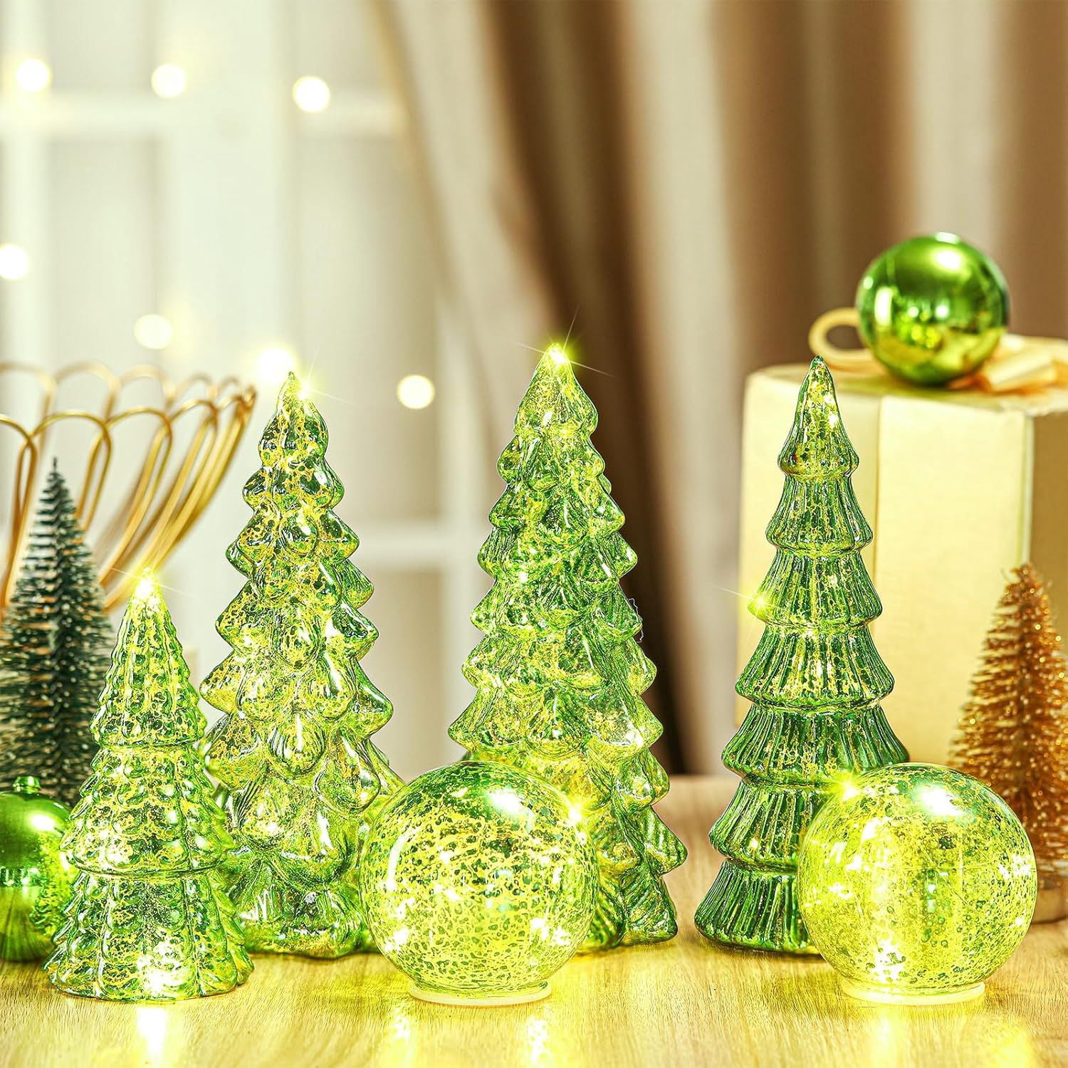 6 Pcs Mercury Glass Christmas Tree for Tabletop Light up Figurine Christmas Tree Mercury Cracked Glass Globe with Light for Xmas Decor Home Party Centerpiece Mantel Gift