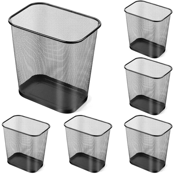 6 Pcs Mesh Square Trash Cans 4 Gallons Wire Wastebasket for Home Black Metal Office Garbage Cans Rectangular Trash Bin for Kitchen Bathroom Bedroom, 11.7 x 8.5 x 11.8 Inch (Black)