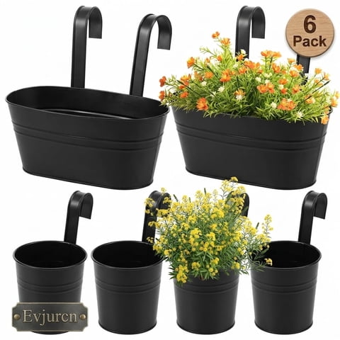 6-Pack Metal Railing Planter for Outdoor Plants, Hanging Flower Pots for Fence with Detachable Hooks & Drainage Holes - Black Oval & Round Buckets