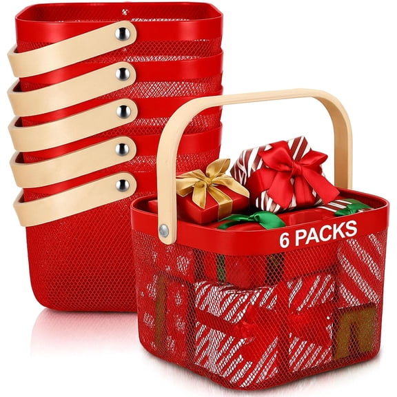 6 Pcs Metal Mesh Steel Basket with Handle, Square Wire Harvest Thanksgiving, Shopping Baskets for Retail Store Christmas Garden Bathroom Kitchen(9.65 x 9.65 x 7.09 Inch,Red)