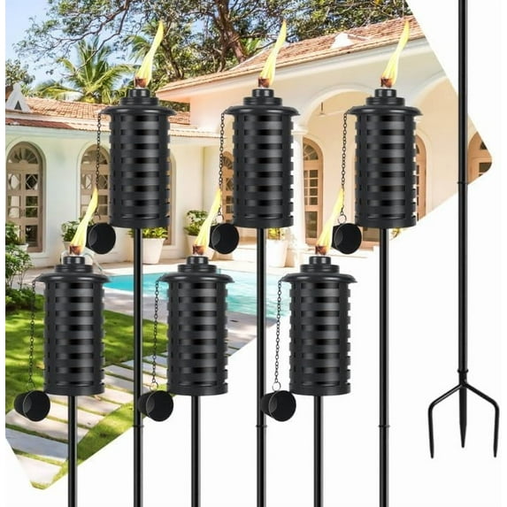6 Pcs Metal Torch for Outside, 16 oz Outdoor Metal Torch Garden Décor,59-Inch Upgraded Citronella Torches with 3-Prong Grounded Stake, Table Top Torches for Party Patio Pathway