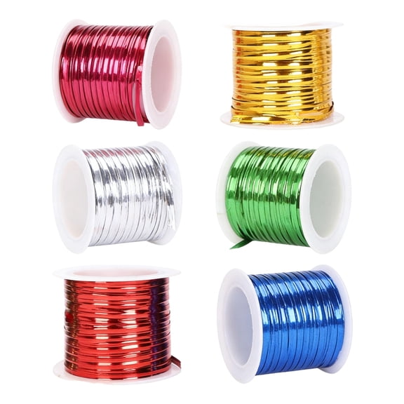 6 Pack Metallic Craft String - 49ft per Spool, Gold, Silver, Red, Green, Blue, Rose PVC String for DIY, Gift Wrapping & Party Decor