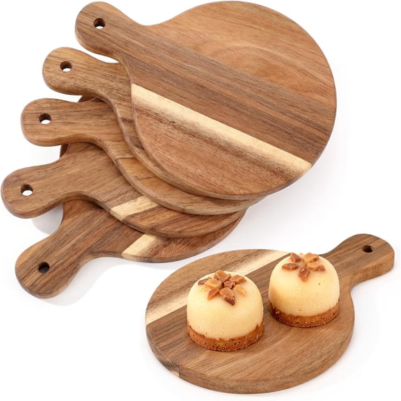 6 Pcs Mini Charcuterie Boards with Handle 5 x 7 Inch Small Wood Round Cutting Board Serving Plate Kitchen Wood Tray Round Pizza Peel Paddle for Baking Pizza Bread Cake Fruit Vegetables Meat