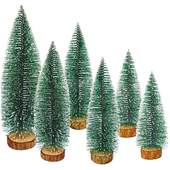 6 Pcs Mini Christmas Trees Bottle Brush Trees, Miniature Pine Christmas Tree Tabletop Mini Snow Frost Trees with Wooden Base for Christmas Holiday Decorations