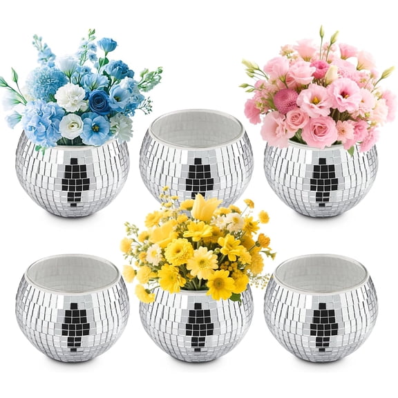 6 Pcs Mini Disco Ball Vases, Mirror Disco Ball Decor for Wedding Centerpieces Birthday Disco Themed Party Christmas Home Decor, Silver Ornaments Glass Vase for Flowers Plant Lover Unique Gifts