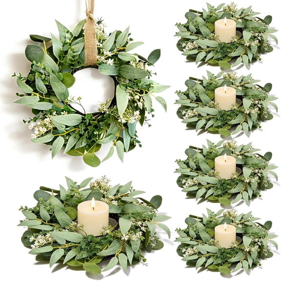 6 Pcs Mini Eucalyptus Wreaths for Candle Ring Greenery Artificial Leaves Spring Summer Small Candle Holder Wreaths for Home Kitchen Front Door Window Cabinets Farmhouse Porch Wall Table Centerpieces