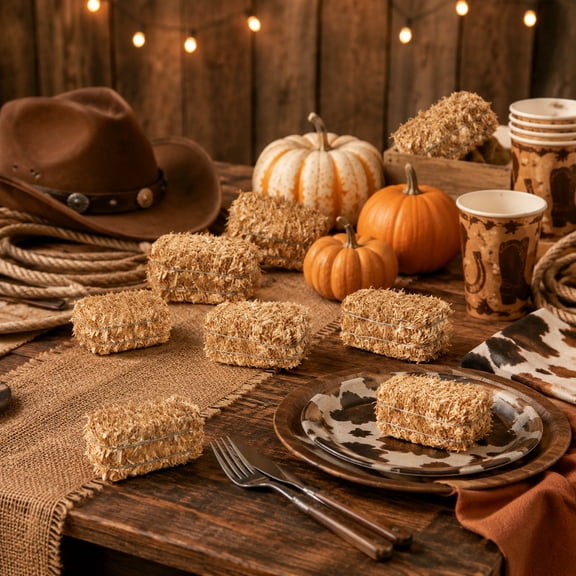6 Pcs Mini Hay Bale Decorations for Rustic Table Centerpieces, Natural Straw Hay Bales for Farm Parties, Western Wedding Decor, Cowboy Theme Decorations and Holiday Displays