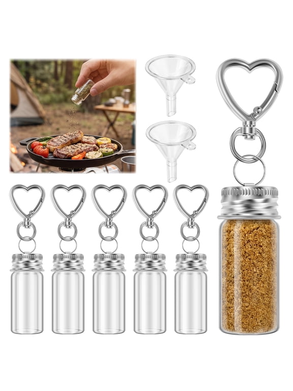6 Pcs Mini Seasoning Keychain Bottles Small Clear Glass Spice Jars with Lids and Funnels for Travel Camping