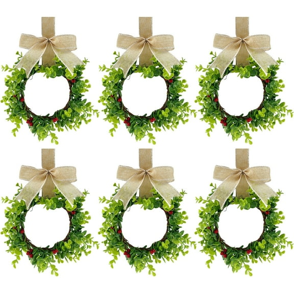 6 Pcs Mini Spring Wreaths for Kitchen Cabinet 11.8" Small Artificial Boxwood Wreaths with Linen Bow Party Decor for Door Window Wall Farmhouse Hanging,Beige
