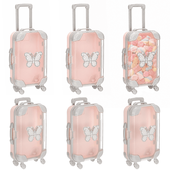 6 Pcs Mini Suitcase Party Favor with DIY Butterfly Stickers, Pink Mini Luggage Party Favor Box with Wheels, Empty Plastic Candy Case for Wedding Birthday Bridal Shower